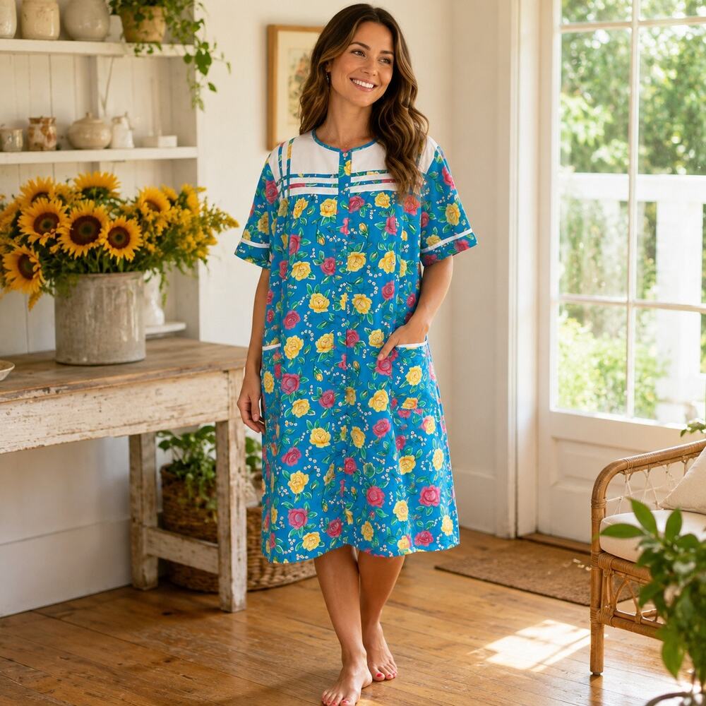 Vintage Moon Dance Womens M Floral House Dress Snap Front Duster Robe Blue